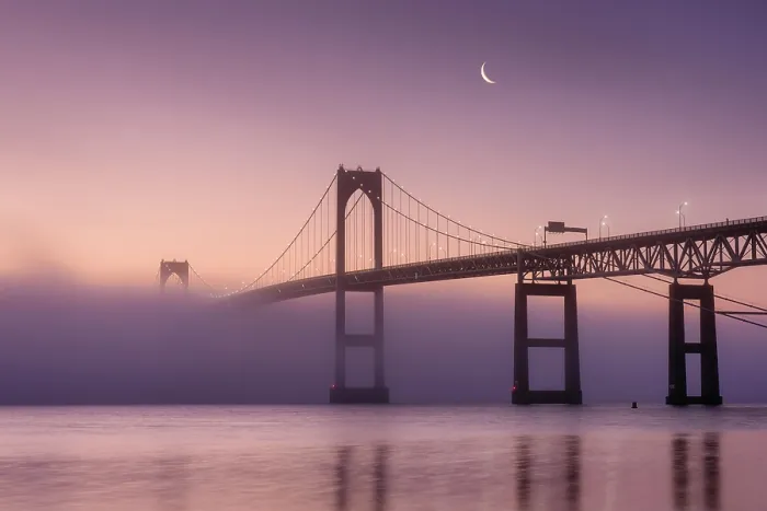 Framed Print : Clairborne Pell Bridge in fog with quarter moon at sunrise, Narragansett Bay, Jamestown, Rhode Island, USA Framed Print : Clairborne Pell Bridge in fog with quarter moon at sunrise, Narragansett Bay, Jamestown, Rhode Island, USA