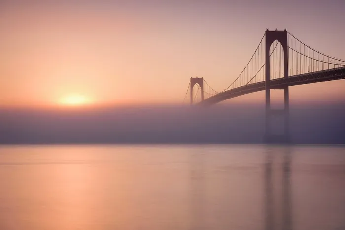 Framed Print : Clairborne Pell Bridge in fog at sunrise, Narragansett Bay, Jamestown, Rhode Island, USA Framed Print : Clairborne Pell Bridge in fog at sunrise, Narragansett Bay, Jamestown, Rhode Island, USA
