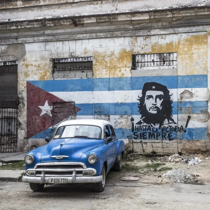 Framed Print : Classic American car and Cuban flag, Habana Vieja, Havana, Cuba