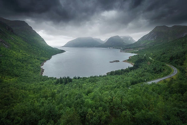 The classic view of Bergsbotn on a gloomy and rainy summer afternoon. Senja Island, Norway