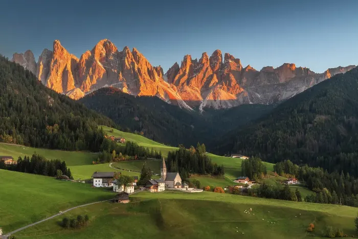 Framed Print : The classic view of the Santa Magdalena church during an early autumn sunset, with the Odle rising tall in the background. Dolomites, Italy Framed Print : The classic view of the Santa Magdalena church during an early autumn sunset, with the Odle rising tall in the background. Dolomites, Italy