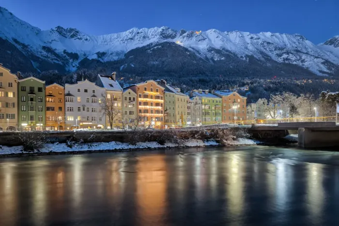 Framed Print : The classic view of the snow covered Mariahilf buildings with the Nordkette mountains in Framed Print : The classic view of the snow covered Mariahilf buildings with the Nordkette mountains in