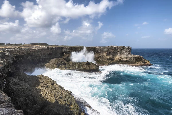 The cliff in front of the big waves of Atlantic Ocean, North Point, Barbados Island