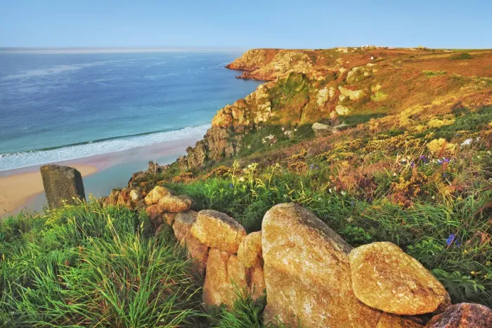 Framed Print : Cliff landscape at Pednvounder Beach - United Kingdom, England, Cornwall, Porthcurno Framed Print : Cliff landscape at Pednvounder Beach - United Kingdom, England, Cornwall, Porthcurno