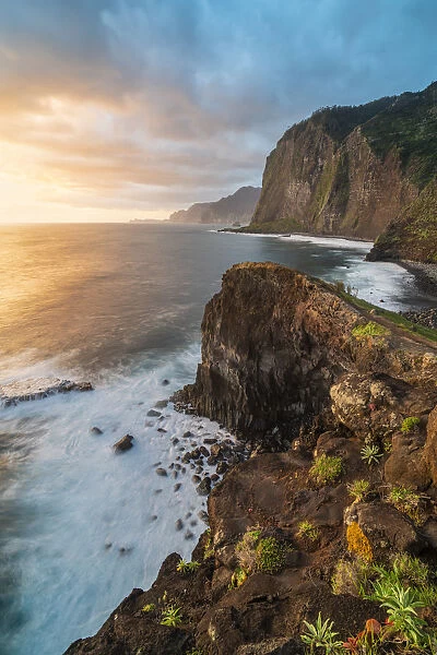 Cliffs on the Atlantic Ocean at dawn. Faial, Santana municipality, Madeira Island