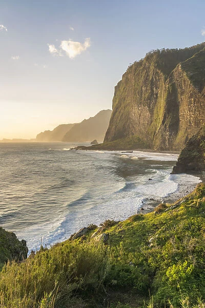 Cliffs and waves on Faial beach at dawn. Faial, Santana municipality, Madeira Island