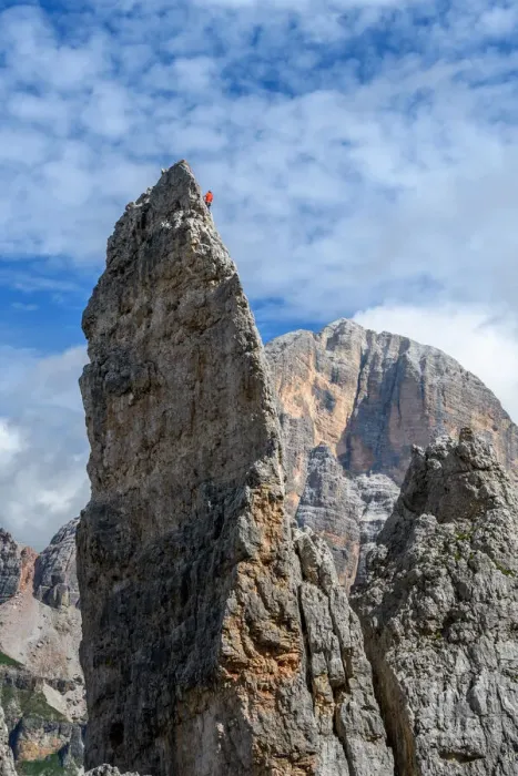 Framed Print : Climber on Cinque Torri (Tofane on background), Cortina d Ampezzo, Belluno district Framed Print : Climber on Cinque Torri (Tofane on background), Cortina d Ampezzo, Belluno district