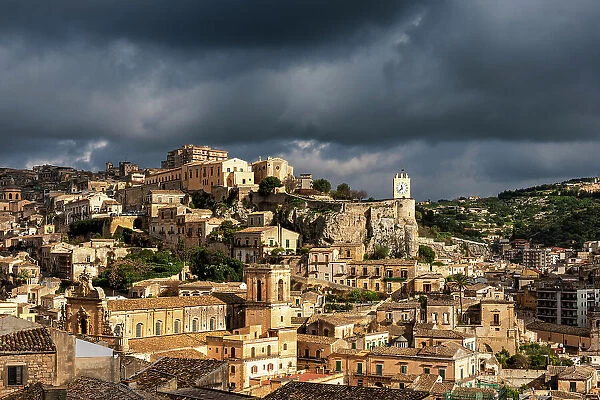 Clock tower from castle of Modica. Europe, Italy, Sicily, Modica, Ragusa district