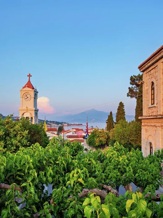 Framed Print : Clock Tower of the Church of the Transfiguration of Christ the Savior at the Lykourgos Logothetis Castle, Pythagoreio, Samos Island, North Aegean, Greece