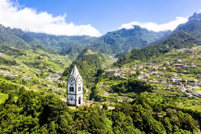 Framed Print : Clock-tower of Nossa Senhora de Fatima chapel and village, Sao Vicente, Madeira island Framed Print : Clock-tower of Nossa Senhora de Fatima chapel and village, Sao Vicente, Madeira island