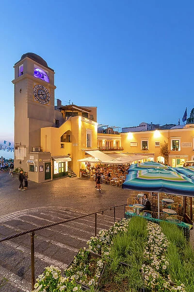 The Clock Tower at the Piazza Umberto l at Dusk, Capri, Campania, Italy