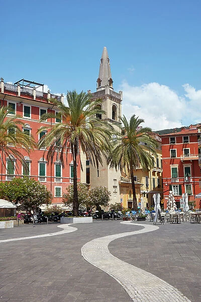 The clock tower of the San Rocco oratory in the 'Piazza Garibaldi' main square of the historical cask of Lerici, La Spezia, Liguria, Italy