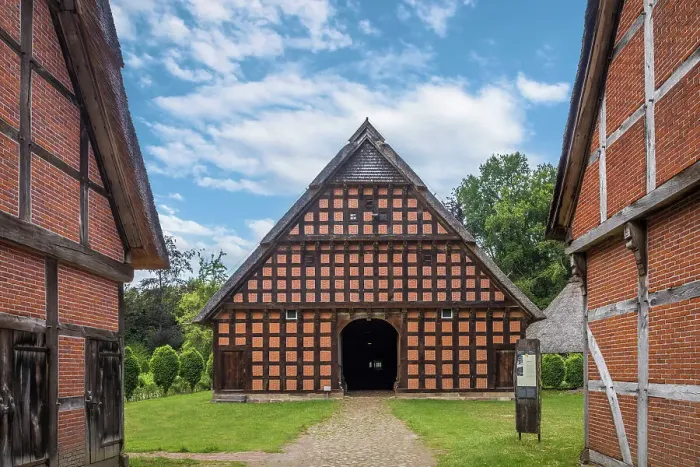 Framed Print : Cloppenburg Museum Village: Main house of the Wehlburg farm complex from Wehdel (Osnabrueck district, built in 1750), Emsland, Lower Saxony, Germany