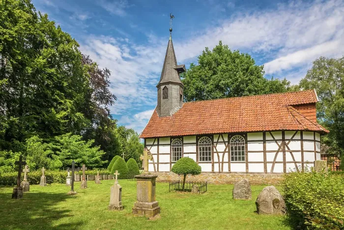 Framed Print : Cloppenburg Museum Village: Village church from Klein Escherde (Hildesheim district, built in 1699. Reconstructed in the museum village in 1977), Emsland, Lower Saxony, Germany Framed Print : Cloppenburg Museum Village: Village church from Klein Escherde (Hildesheim district, built in 1699. Reconstructed in the museum village in 1977), Emsland, Lower Saxony, Germany