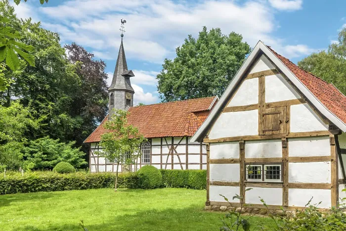 Framed Print : Cloppenburg Museum Village: Village church from Klein Escherde (Hildesheim district, built in 1699. Reconstructed in the museum village in 1977), Emsland, Lower Saxony, Germany