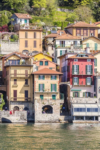 Close up of the colourful typical houses of Varenna village on Lake Como, Lecco province