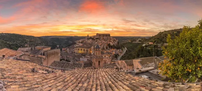 Framed Print : Close up of a typical rooftop with the enchanting hilltop city of Ragusa Ibla in Framed Print : Close up of a typical rooftop with the enchanting hilltop city of Ragusa Ibla in