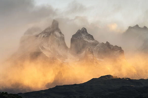 Close-up on Paine Horns and Cerro Paine at sunrise. Torres del Paine National Park