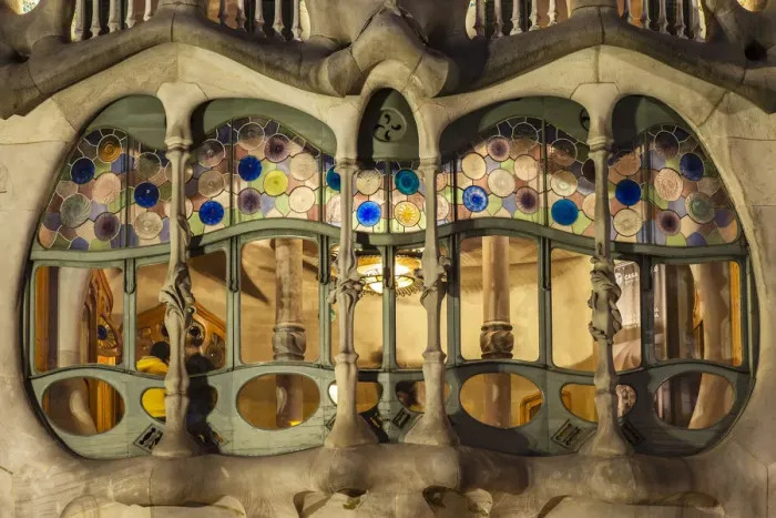 Framed Print : Close-up view of the large window on the facade of Casa Batllo, Barcelona, Catalonia