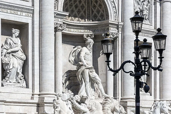 Close up view of the marble sculptures adorning the Trevi fountain, Rome, Lazio, Italy