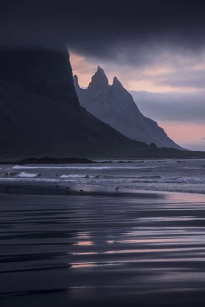 Close up view of the Vestrahorn and the peaks behind it with sand patterns, Iceland