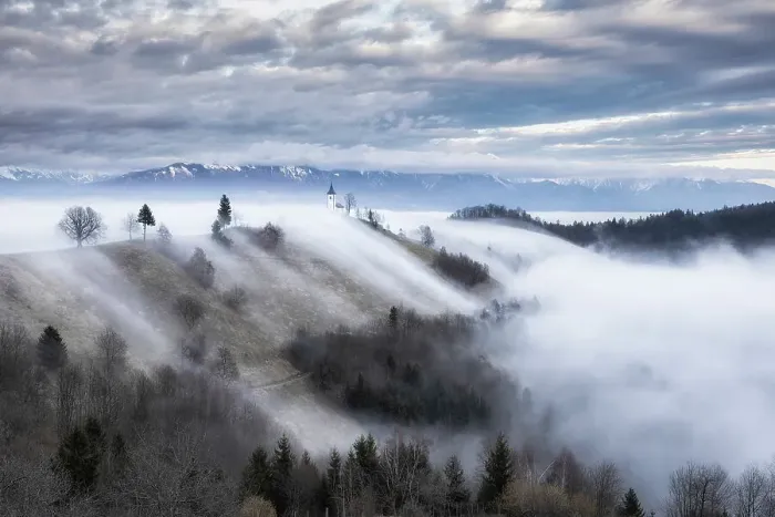 Framed Print : Cloud inversion around Church of St. Primoz, Jamnik, Slovenia Framed Print : Cloud inversion around Church of St. Primoz, Jamnik, Slovenia