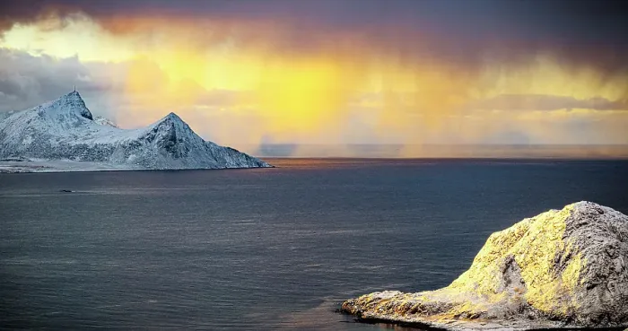 Framed Print : Clouds in the burning sky at sunrise over snowcapped mountains and frozen fjord, Haukland, Vestvagoy, Lofoten Islands, Norway