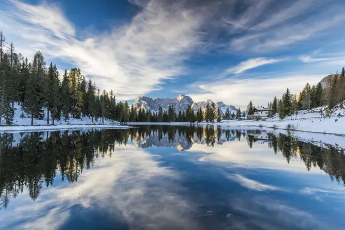 Framed Print : Clouds Reflecting in Lake Antorno, Dolomites, South Tyrol, Italy