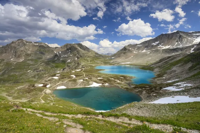 Framed Print : Clouds and sun on turquoise lakes framed by rocky peaks Joriseen Jaorifless Pass canton
