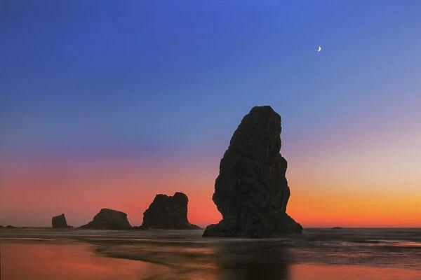 Coast landscape with bizarre rocks and moon - USA, Oregon, Curry, Samuel H