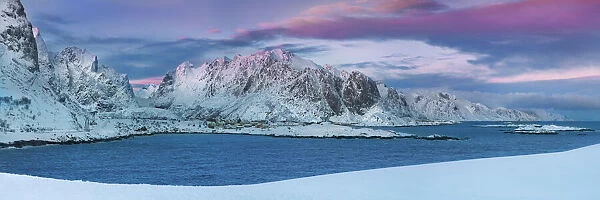 Coast mountain Lofoten in new snow - Norway, Nordland, Lofoten, Moskenesoya, Reine