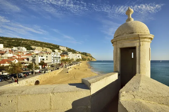 Framed Print : The coastal fishing village of Sesimbra and the beach. Portugal Framed Print : The coastal fishing village of Sesimbra and the beach. Portugal