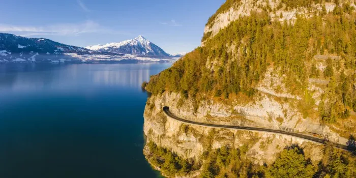 Framed Print : Coastal road on Lake Thun, Berner Oberland, canton of Bern, Switzerland Framed Print : Coastal road on Lake Thun, Berner Oberland, canton of Bern, Switzerland