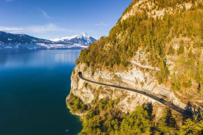 Framed Print : Coastal road on Lake Thun, Berner Oberland, canton of Bern, Switzerland Framed Print : Coastal road on Lake Thun, Berner Oberland, canton of Bern, Switzerland