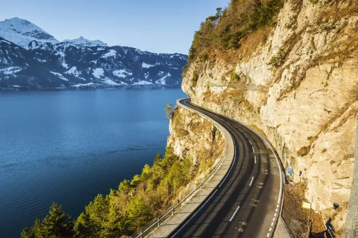 Framed Print : Coastal road on Lake Thun, Berner Oberland, canton of Bern, Switzerland Framed Print : Coastal road on Lake Thun, Berner Oberland, canton of Bern, Switzerland