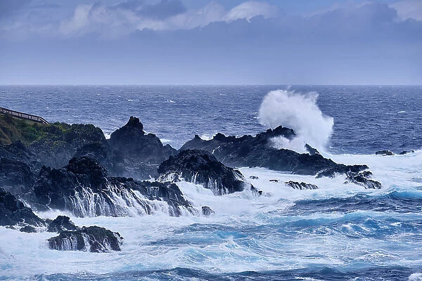 The coastline of Santa Cruz on a stormy day. Flores island, Azores islands. Portugal