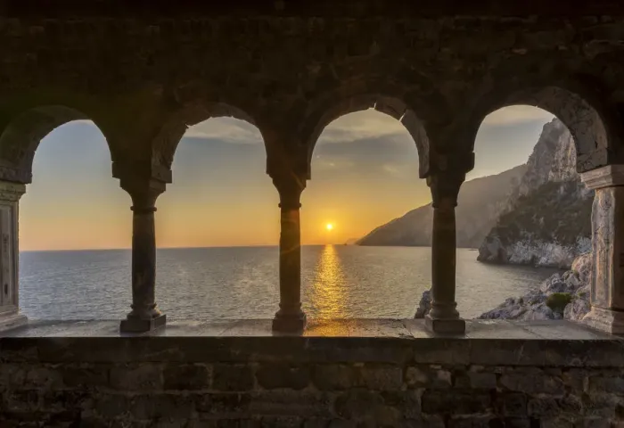 Framed Print : Coastline at Sunset through Arches, Portovenere, Liguria, Italy Framed Print : Coastline at Sunset through Arches, Portovenere, Liguria, Italy