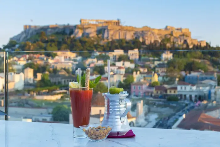 Framed Print : Cocktails on rooftop bar and the Acropolis in the background, Athens, Greece Framed Print : Cocktails on rooftop bar and the Acropolis in the background, Athens, Greece