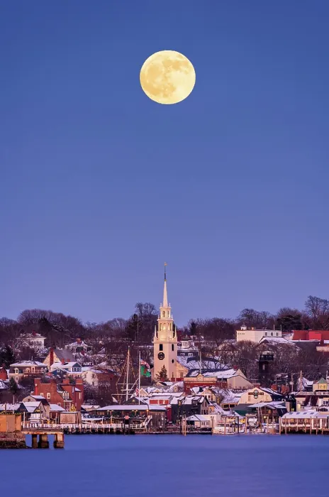 Framed Print : Cold moon rising over downtown Newport, Rhode Island, USA Framed Print : Cold moon rising over downtown Newport, Rhode Island, USA