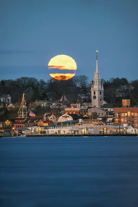 Framed Print : Cold moon rising over downtown Newport, Rhode Island, USA Framed Print : Cold moon rising over downtown Newport, Rhode Island, USA