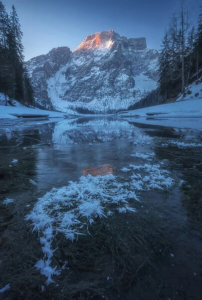 A cold winter sunrise along the frozen shores of the Braies lake (Pragser Wildsee). Dolomites, Italy