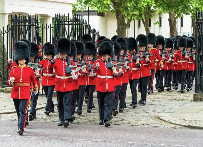 Framed Print : Coldstream Guards leaving Wellington Barracks during Trooping the Colour, London, England Framed Print : Coldstream Guards leaving Wellington Barracks during Trooping the Colour, London, England