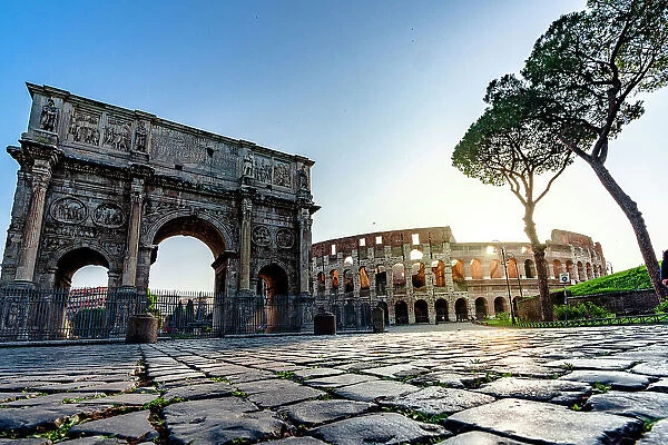 Coliseum and Arch of Constantine at dawn, Rome, Italy