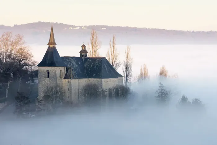 Framed Print : Colla giale Notre Dame et St Pantala on de Turenne in the mist at sunset, Correze Framed Print : Colla giale Notre Dame et St Pantala on de Turenne in the mist at sunset, Correze