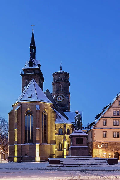 Collegiate church with Schiller monument at Schillerplatz square, Stuttgart, Baden-Wurttemberg, Germany