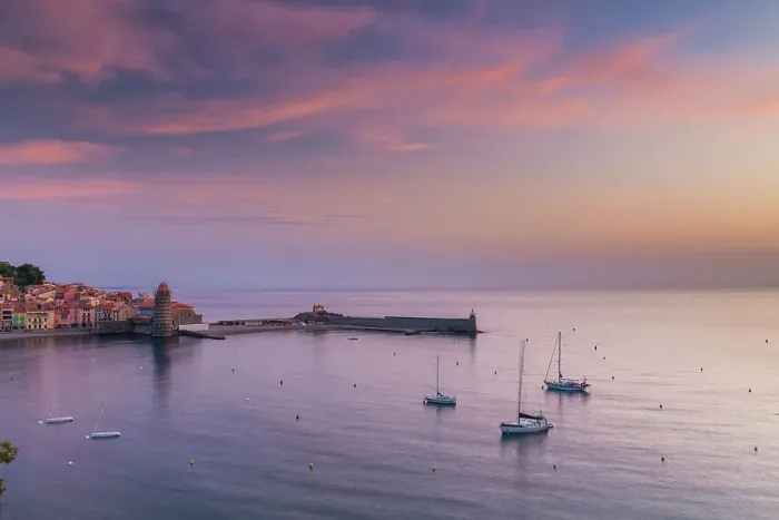 Framed Print : Collioure Bay at Sunrise, Pyrenees Orientales, Occitanie Region, France