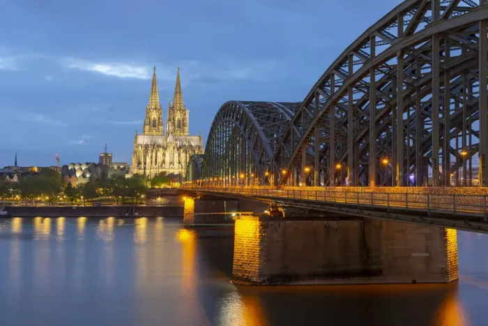 Framed Print : Cologne Cathedral and Hohenzollern Bridge on River Rhine, Rheinauharbour, Cologne