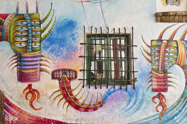 Colombia, Bogota, La Candelaria, Plazoleta de Chorro Quevedo, Graffiti on building
