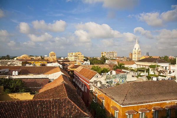 Colombia, Bolivar, Cartagena De Indias, Old walled town rooftops
