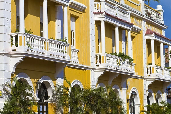 Colombia, Bolivar, Cartagena De Indias, Plaza de San Pedro Claver, Balconies on colonial